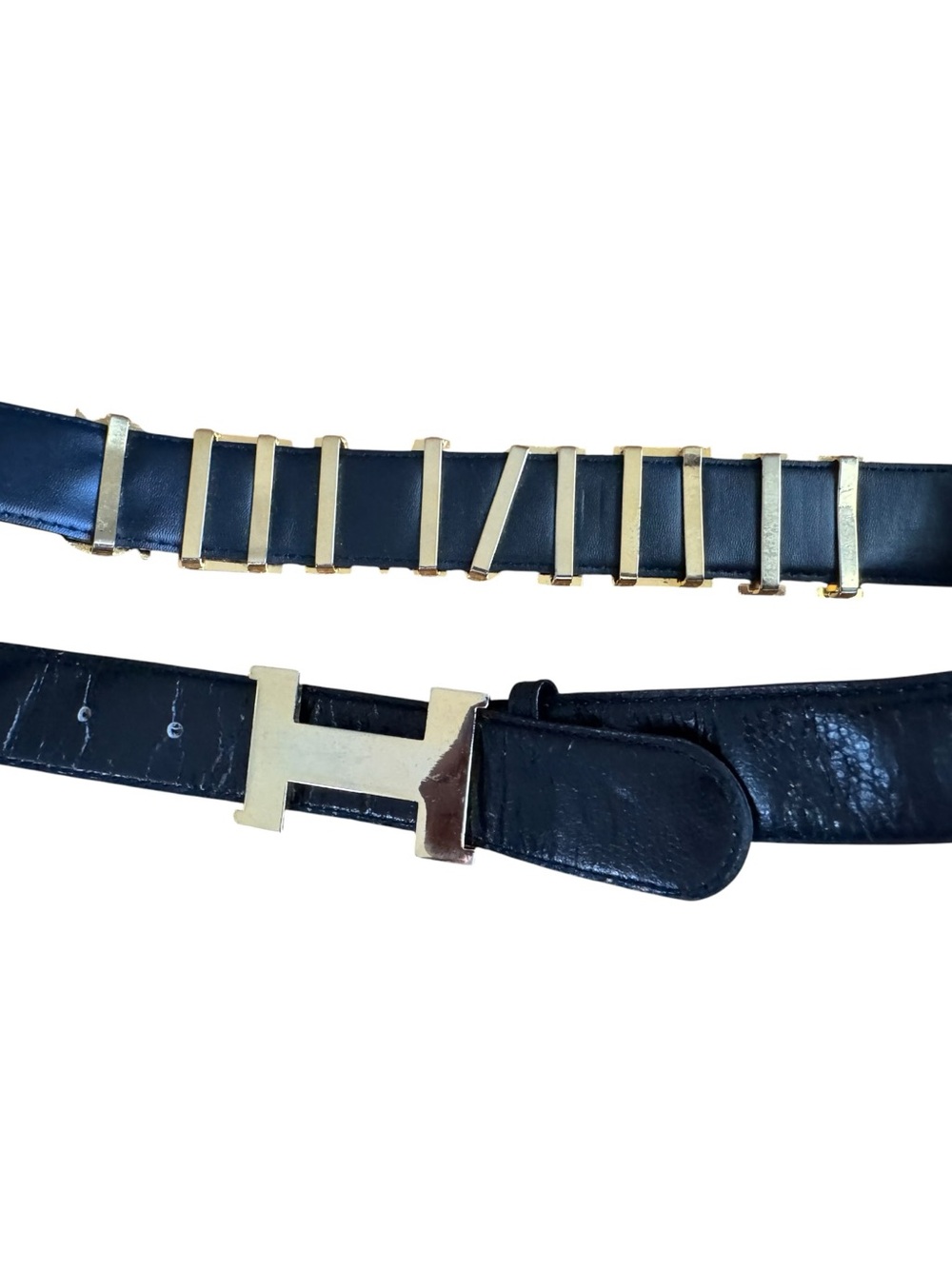 Gold “H” Nameplate Black Faux Leather Constance Belt Sz M 32-34” Unisex - Picture 4 of 8